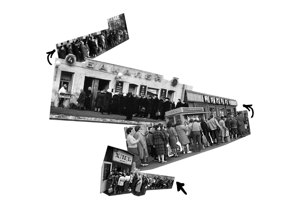 4 black and white clip art images of many people waiting in breadlines at different businesses in the soviet union to get their rations while they are available.