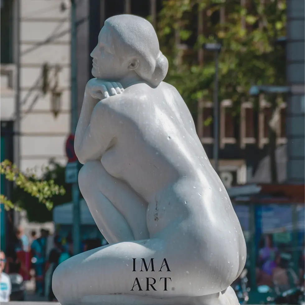 A white marble statue of a crouching person is seen in an outdoor setting with blurred urban background and green foliage. Text reads: IMA ART.
IMA ART Fertility is a Fertility Maison—unlike mass-market agencies, we do not commoditize the deeply personal journey to parenthood.
