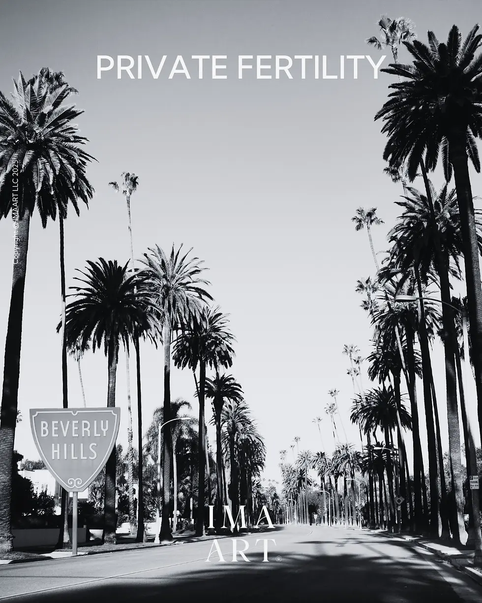 Black and white photo of a palm-lined Beverly Hills street with texts "PRIVATE FERTILITY" and "IMA ART". Calm, elegant atmosphere.