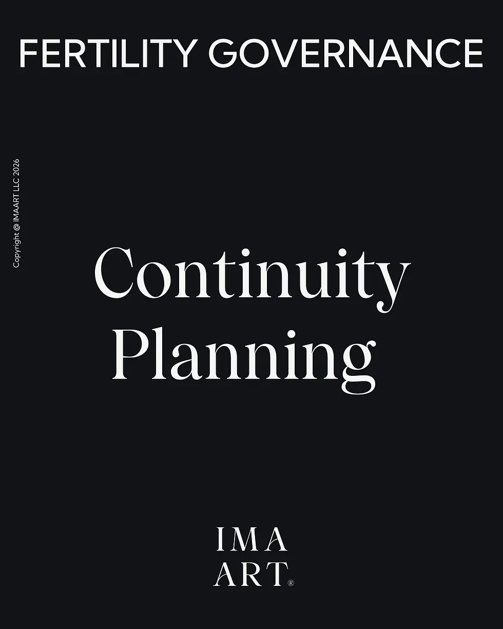 Black background with white text: "FERTILITY GOVERNANCE," "Continuity Planning," and "IMA ART." Copyright © IMA ART LLC 2026 on the side.