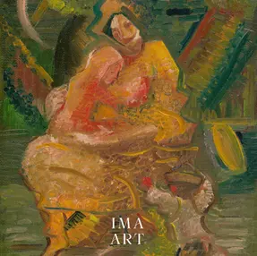 Abstract painting of two figures embracing in warm hues of orange, yellow, and green. Text "IMA ART" is visible at the bottom. IMA ART Fertility A New Standard in Fertility Care for Discerning Clients