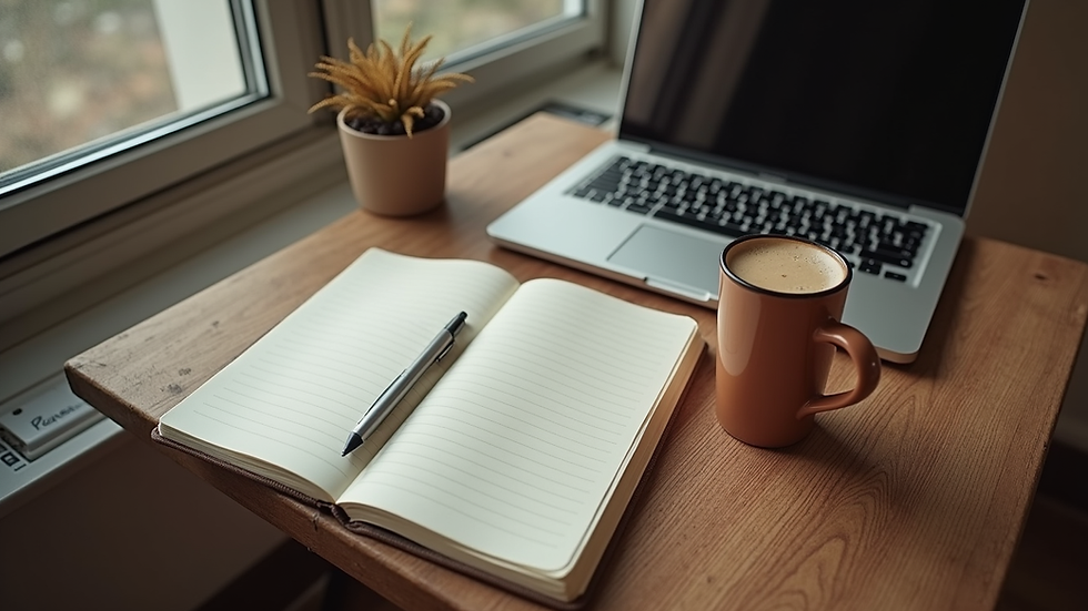 High angle view of a cozy writing nook with a notebook, coffee, and laptop