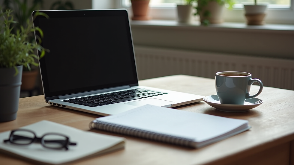 Eye-level view of a writer’s desk with a laptop, notebook, and coffee cup