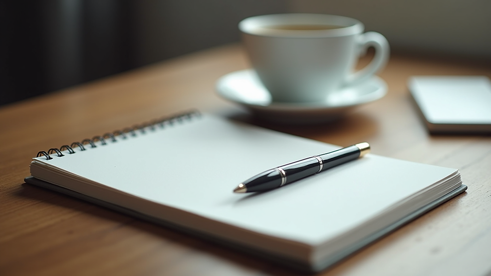 Close-up view of a desk with a notebook, pen, and a cup of coffee
