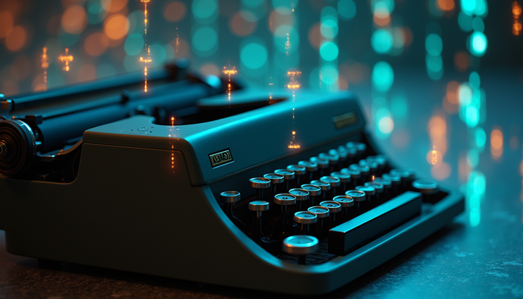 Eye-level view of a typewriter with digital code overlay