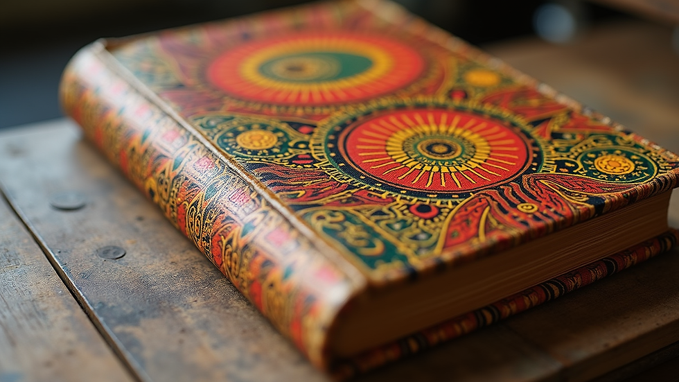 Close-up view of a book cover featuring vibrant African-inspired patterns