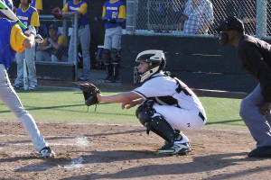 Catcher Luke Zlatunich is ready behind the plate