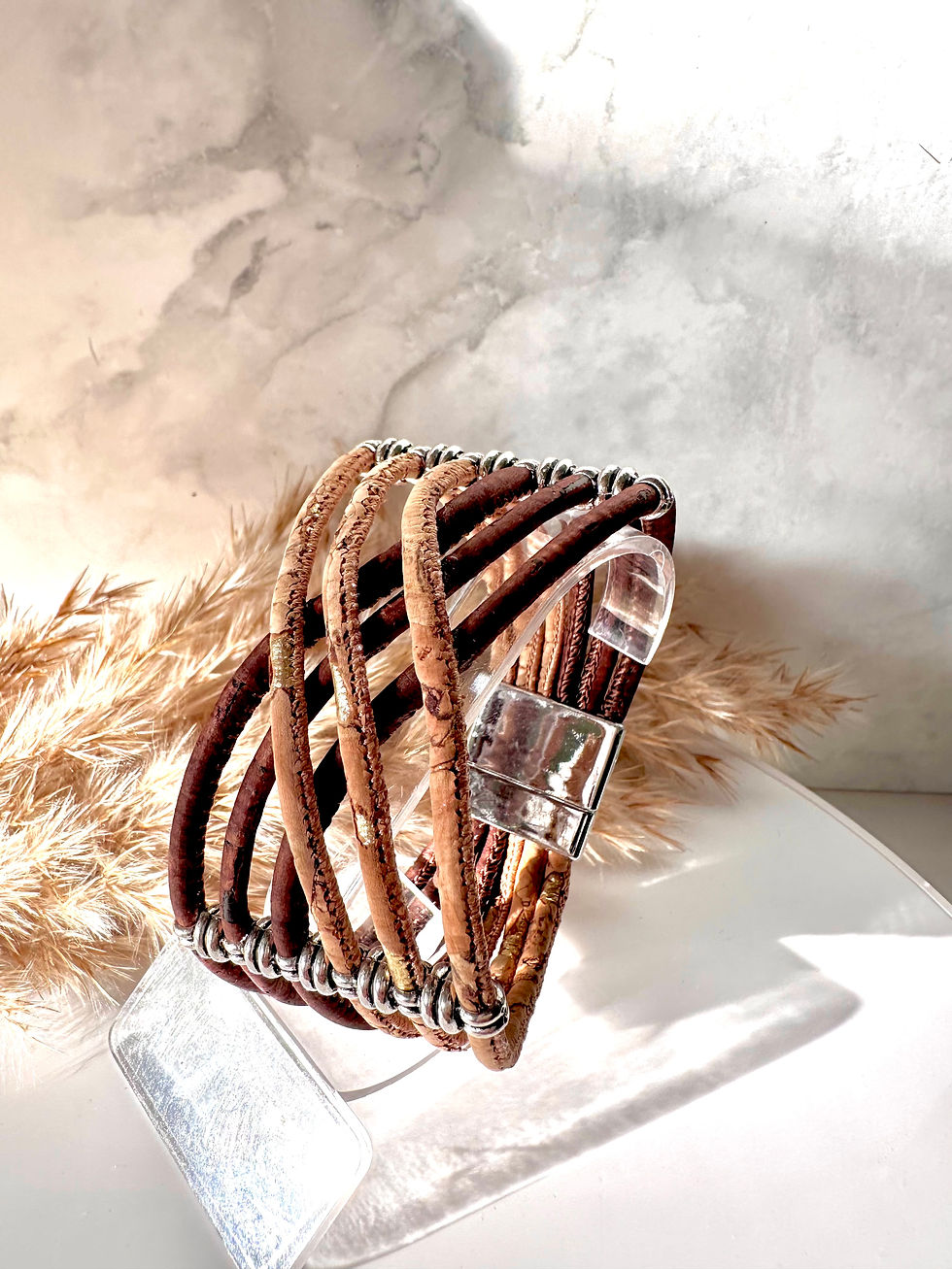 Thumbnail: Natural Cork 'Leather' 6-Strand Crossover Bracelet - Natural/Brown