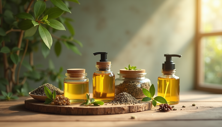 Close-up view of natural body care jars with plant-based ingredients