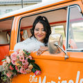 Retro VW Bus with locally grown dahlia arrangement