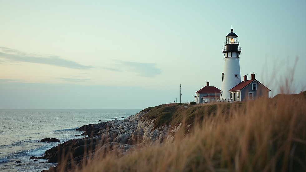 Wide angle view of a historic lighthouse overlooking the Provincetown harbor