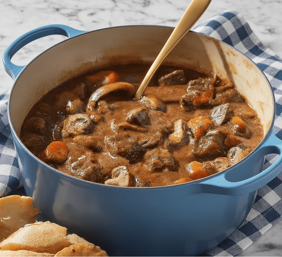 Rich beef and stout simmer low and slow with onions and herbs, finished with sourdough topped in Swiss cheese, a stew that feels like the heart of winter.