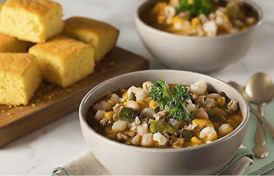 A lighter take on chili, layered with smoky poblano, tender chicken, and creamy beans, all brought together with a fresh squeeze of lime.