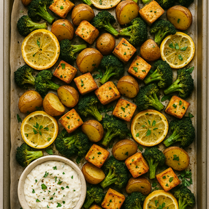 Roasted Lemon Tofu with Potatoes, Broccoli & Feta Sauce