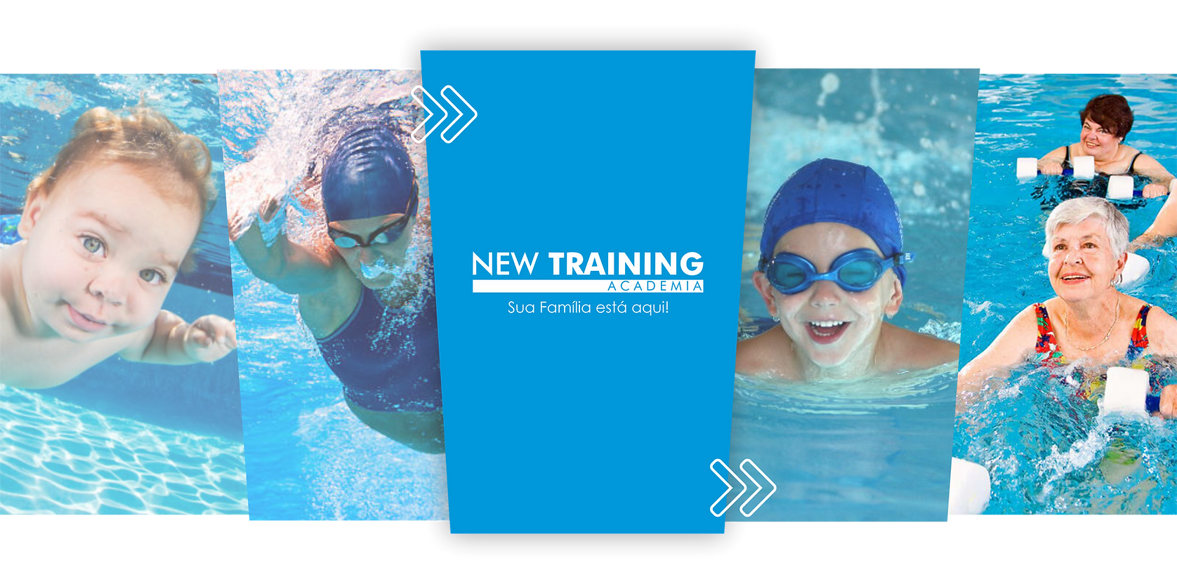 Um bebê, um adulto, uma criança e uma senhora da terceira idade realizando atividades aquáticas na piscina