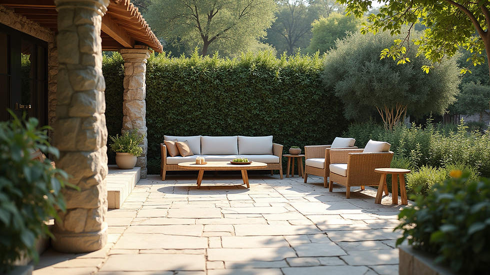 Eye-level view of a beautifully designed stone patio with outdoor seating