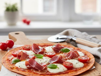 Pizza à la galette de maïs tomates jambon sec