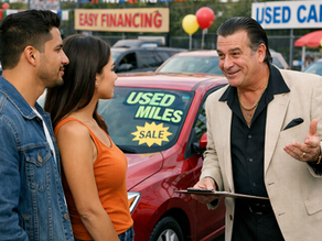 Couple speaking with used car dealer about vehicle purchase