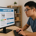 a man viewing his credit report on a computer screen at his desk