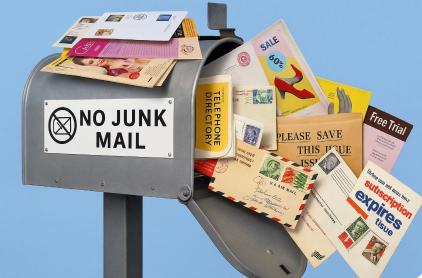 junk mail overflowing out of a mailbox that reads: No Junk Mail