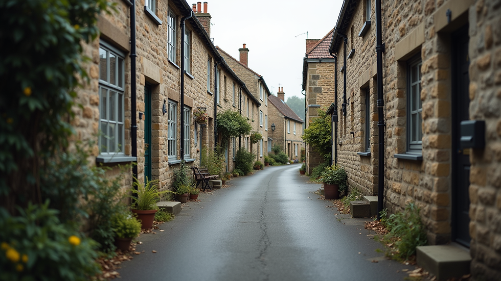 Eye-level view of a narrow Devon village street with stone cottages