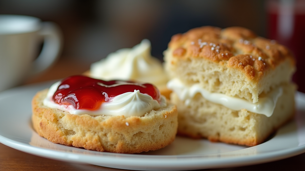 Close-up view of a traditional Devon cream tea with scones, clotted cream, and jam