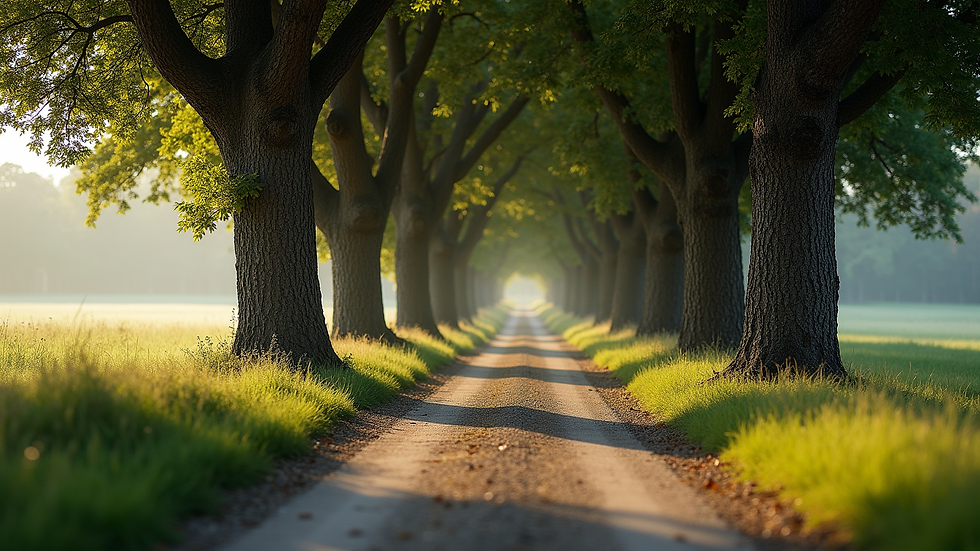 Eye-level view of a winding country lane lined with ancient trees