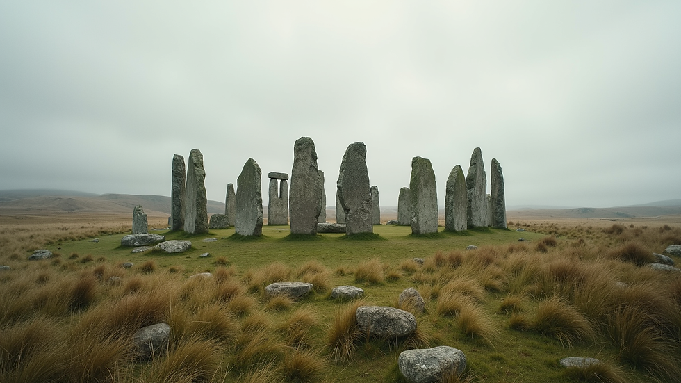 Wide angle view of ancient stone circle on Dartmoor moorland
