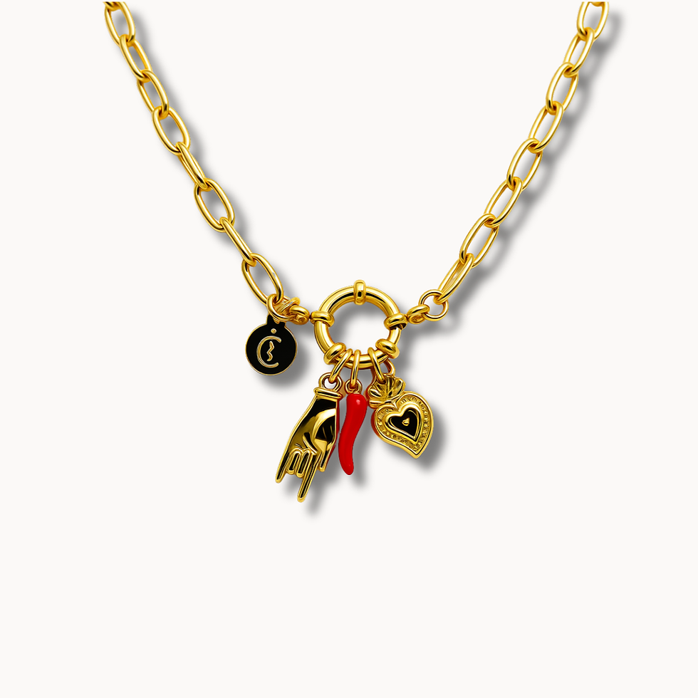 Miniature : Collier en Acier Doré – Chaîne Maillon Corne, Mano Cornuto & Cœur Sacré | Vabbe