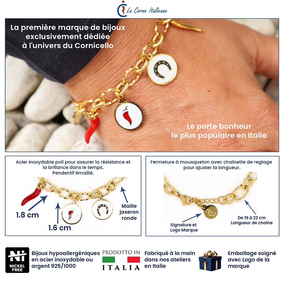 Thumbnail: Fortuna Bracelet Steel Chain, Red Steel Horn and Round Portafortuna