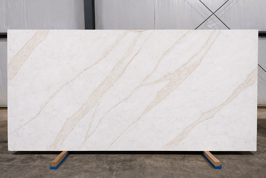 Calacatta Sienna Oro quartz full slab with warm golden veining on a soft white background – CounterSource San Antonio