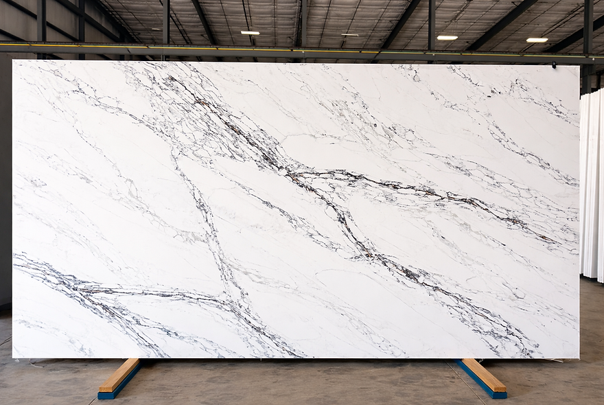 Calacatta Thunder quartz full slab with bold charcoal veining and metallic gold accents – CounterSource San Antonio