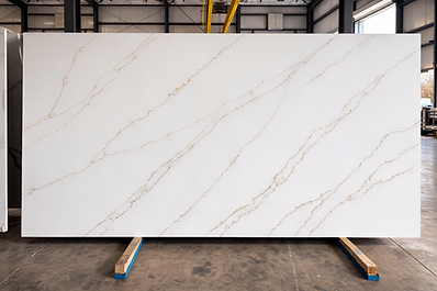 Serena Gold quartz slab with bold flowing gold veining on bright white background – CounterSource San Antonio