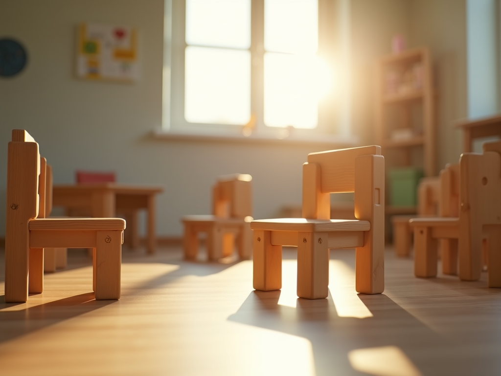 A serene classroom setting with wooden blocks and sunbeams, capturing a moment of midday transition.