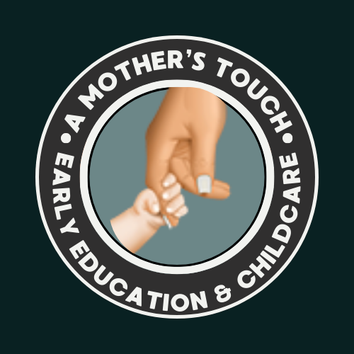 Adult and baby hands touching inside a circular logo with text: "A Mother's Touch Early Education & Childcare," set against a dark background.