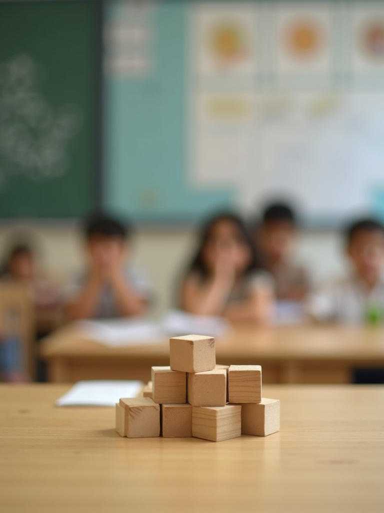 Stacked wooden blocks on a classroom desk, with blurred students and a chalkboard in the background.