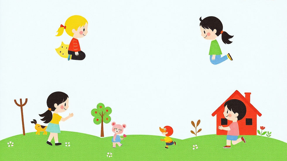 Children and animals play on a grassy hill with trees. Two kids float in the sky above. A red house is in the background. Bright colors.