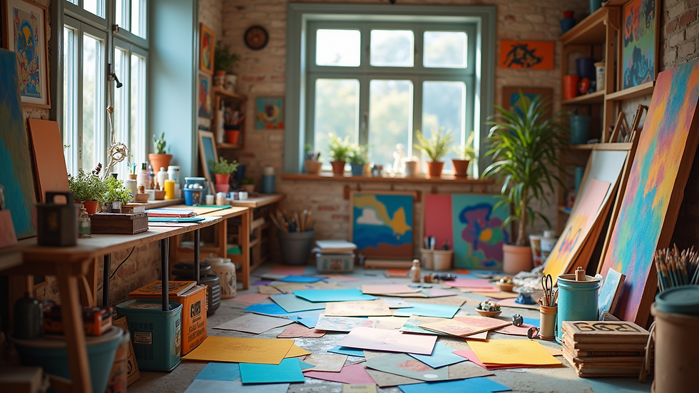 Eye-level view of a vibrant art studio filled with colorful design materials