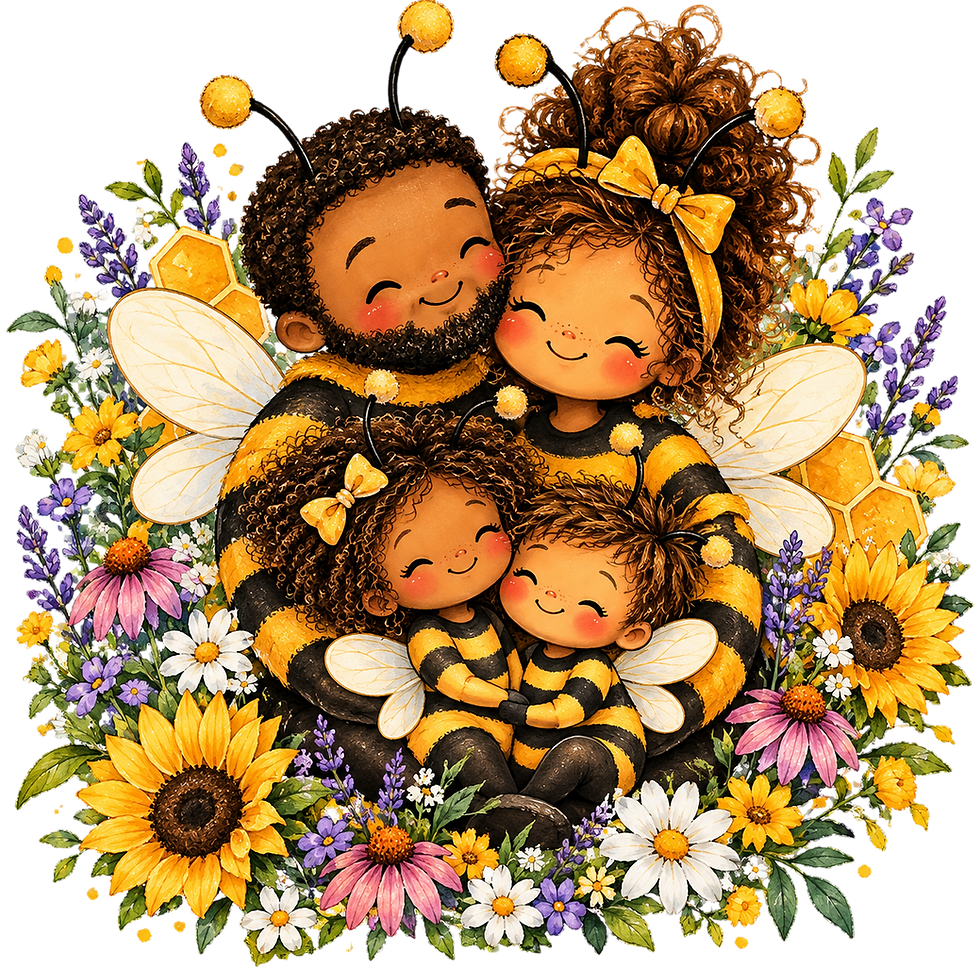Smiling family in bee costumes for holistic wellness programs