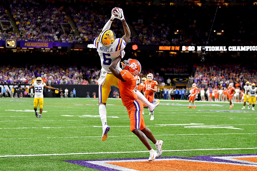 Terrace Marshal jumps up for a ball in the end zone versus Clemson