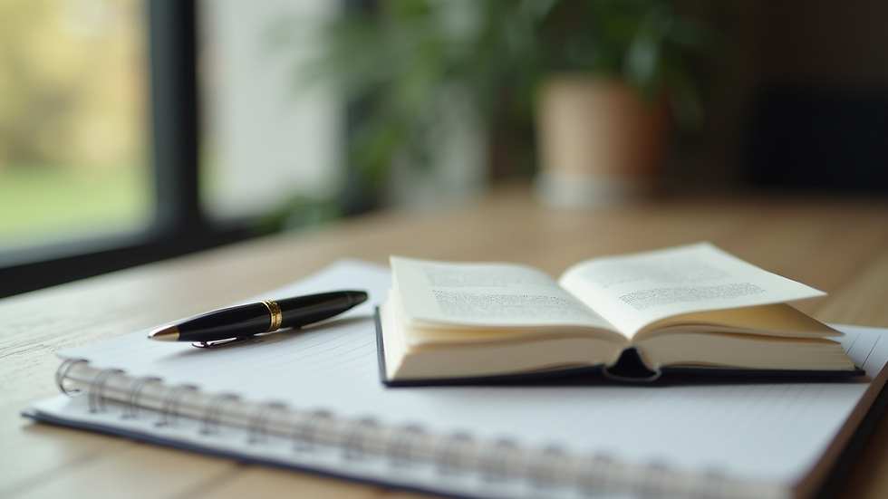Close-up view of a journal and pen on a table, symbolizing self-reflection