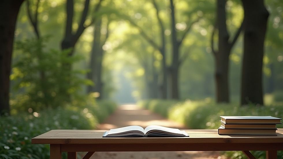 High angle view of a serene outdoor study space surrounded by nature