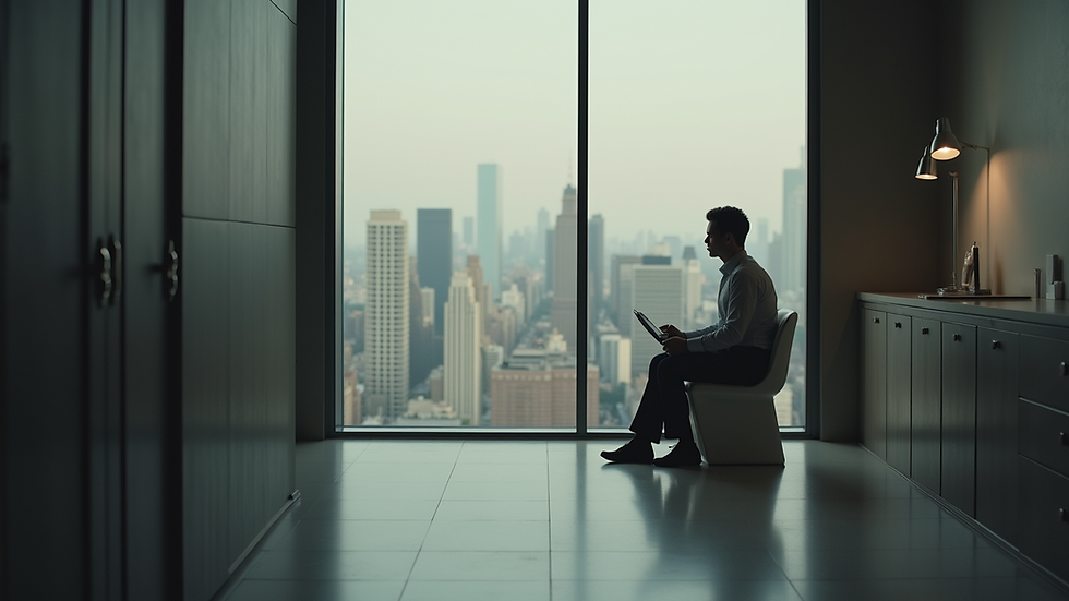 Wide angle view of a serene landscape with a calm lake