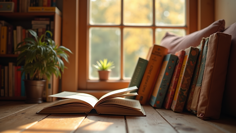 Eye-level view of a cozy reading nook with children's books