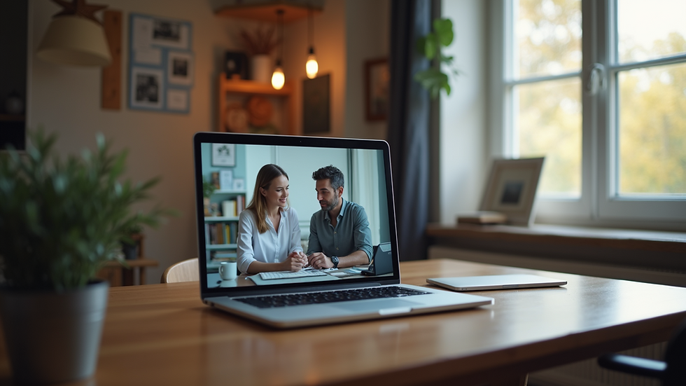 Eye-level view of a laptop on a desk with a virtual therapy session on screen