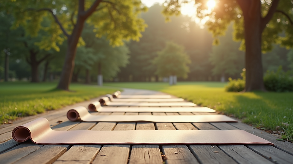 High angle view of a serene outdoor space with yoga mats laid out for a group session