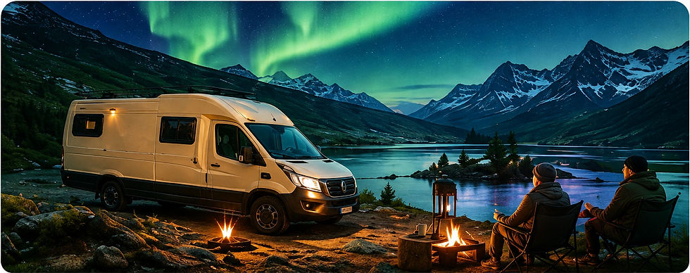 Camping car lac montagnes aurore boreale