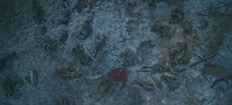 Aerial view of a battlefield with fallen soldiers in muddy, snowy landscape. Red patches of blood visible. Somber and desolate atmosphere.