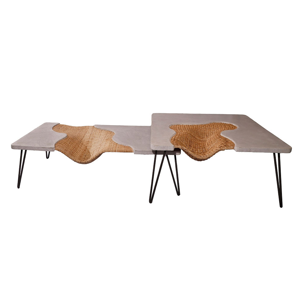 Thumbnail: Front view: parametric Nested Coffee Tables handcrafted furniture in rattan, wicker, cane & concrete, luxury, modern