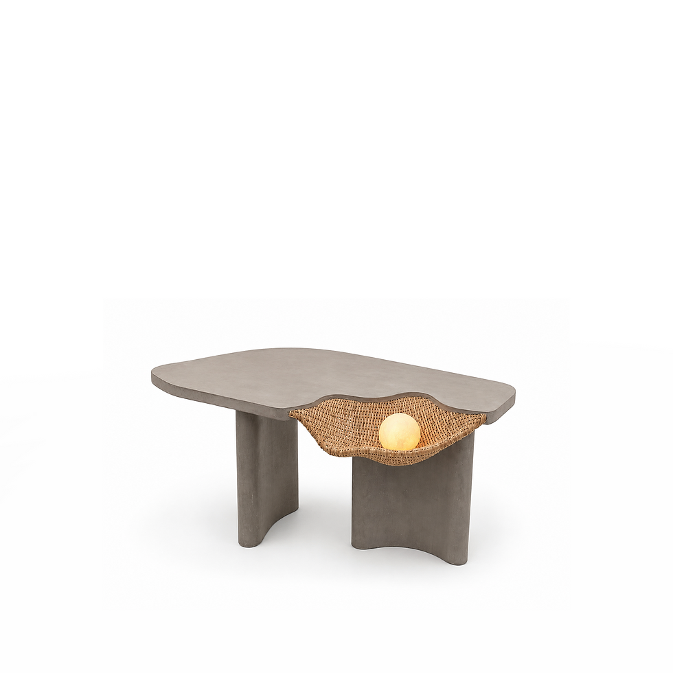 Isometric view of irregular shaped coffee table in concrete with organic rattan detail on tabletop and curved concrete legs.